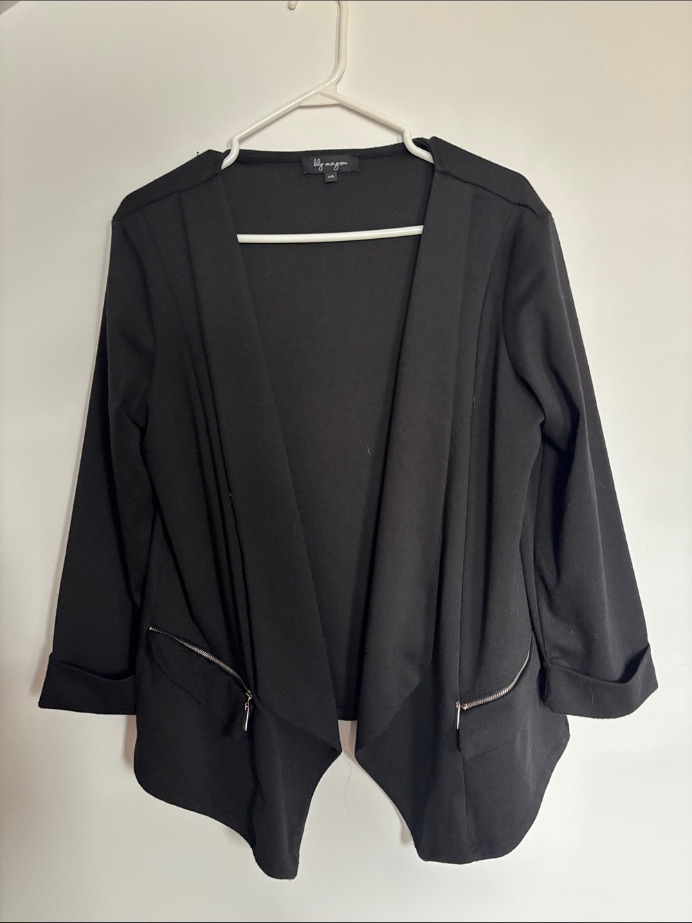 Black Open-Front Draped Jacket with Zip Pockets -